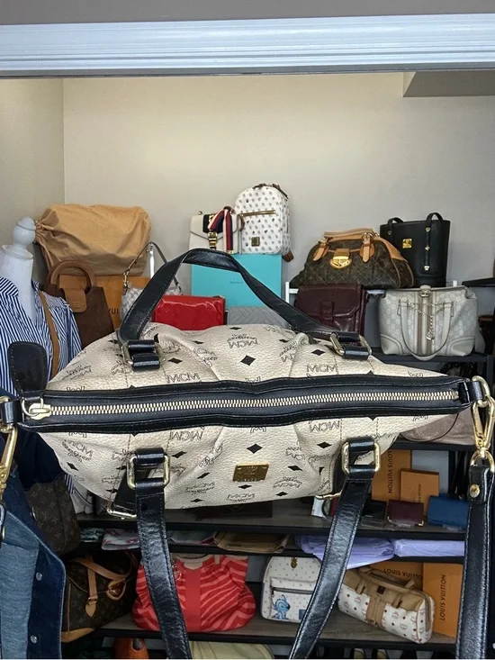 MCM Visetos Satchel Bag Cream Black Leather Trim Crossbody Medium Tote w/ COA - Picture 10 of 15